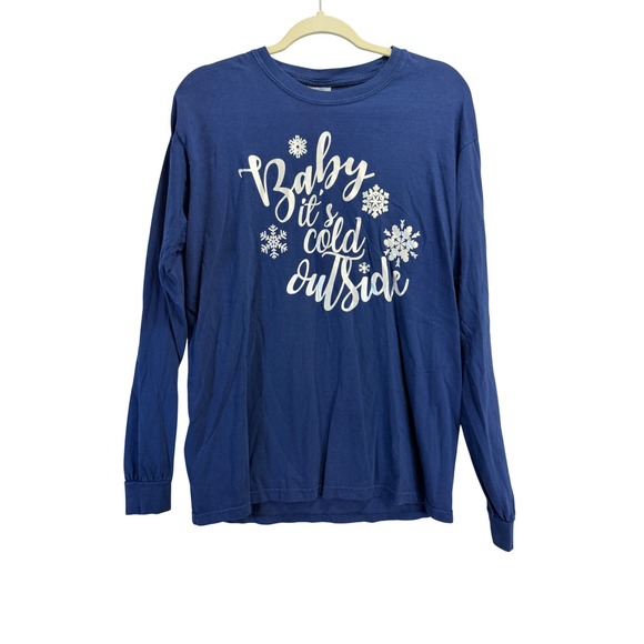 Comfort Colors Tops - Comfort Colors Baby Its Cold Outside Blue Long Sleeve Graphic Tee Shirt Medium